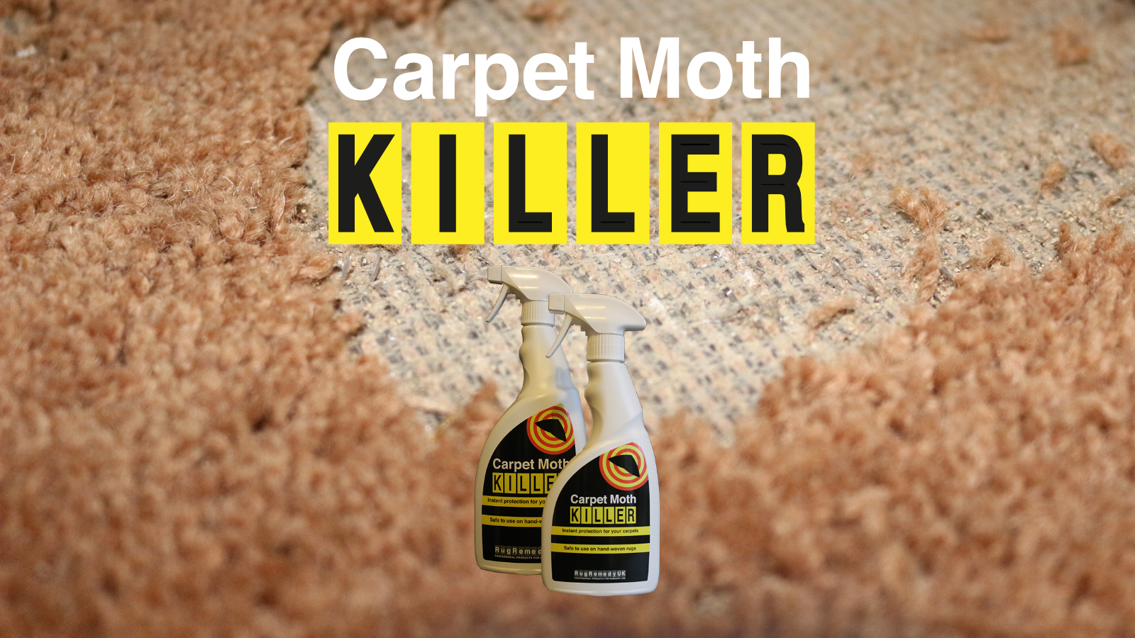 Picture of a damaged carpet with a bottle of Carpet Moth Killer in the foreground.