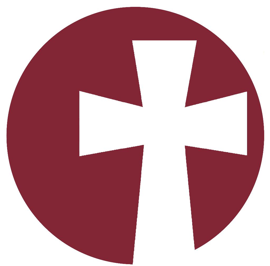 White cross on a maroon circular background