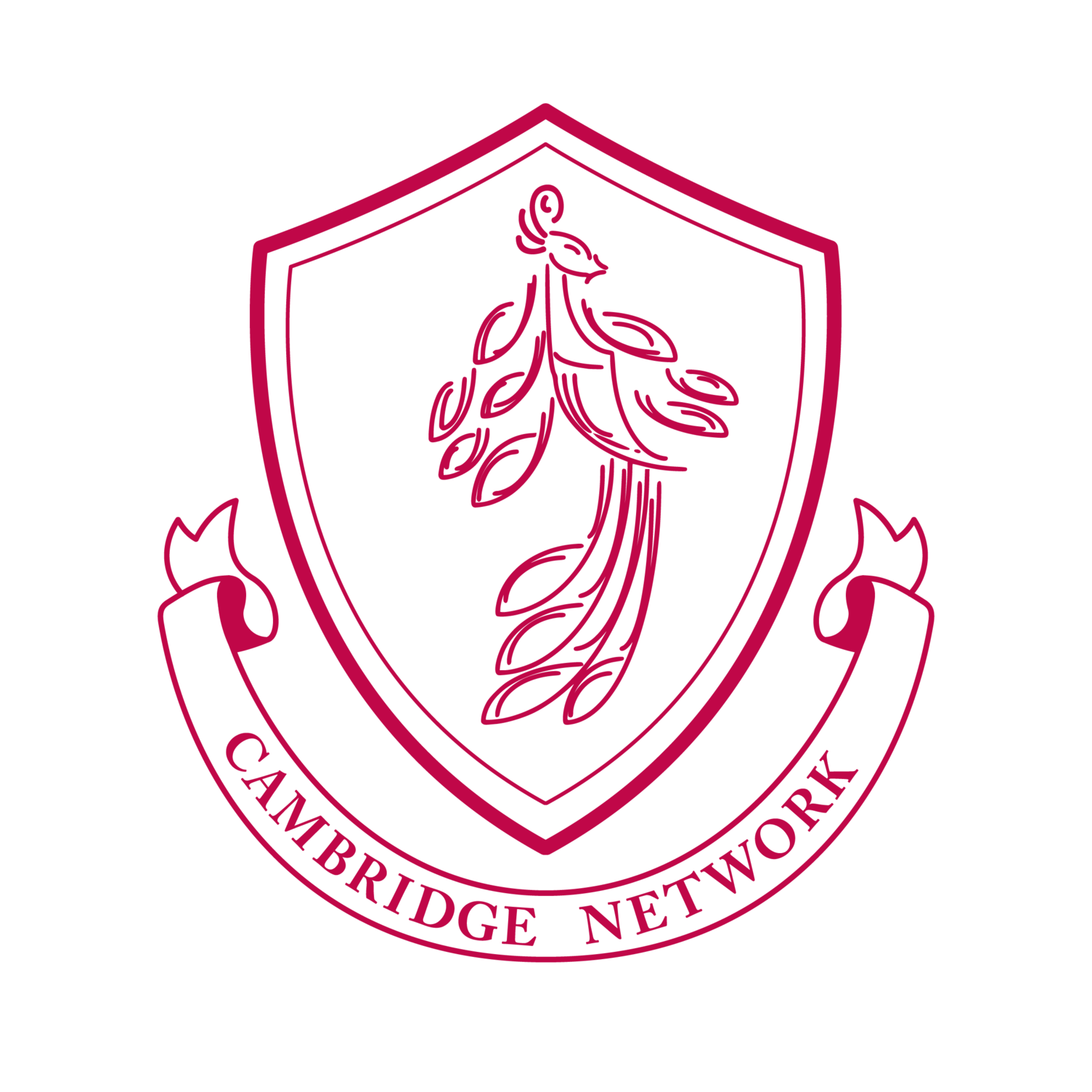 Red Cambridge Network crest with a shield and ribbon emblem
