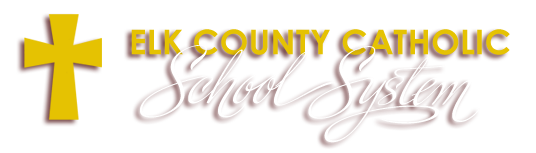 Elk County Catholic School System logo with gold cross and gold text on white background