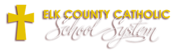 Elk County Catholic School System logo with gold cross and gold text on white background