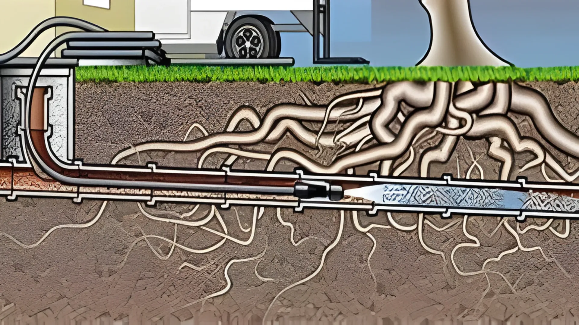 Cutaway diagram of underground pipes and roots beneath grass and a vehicle, showing a drain system — PlumbPlus in Kawana, QLD