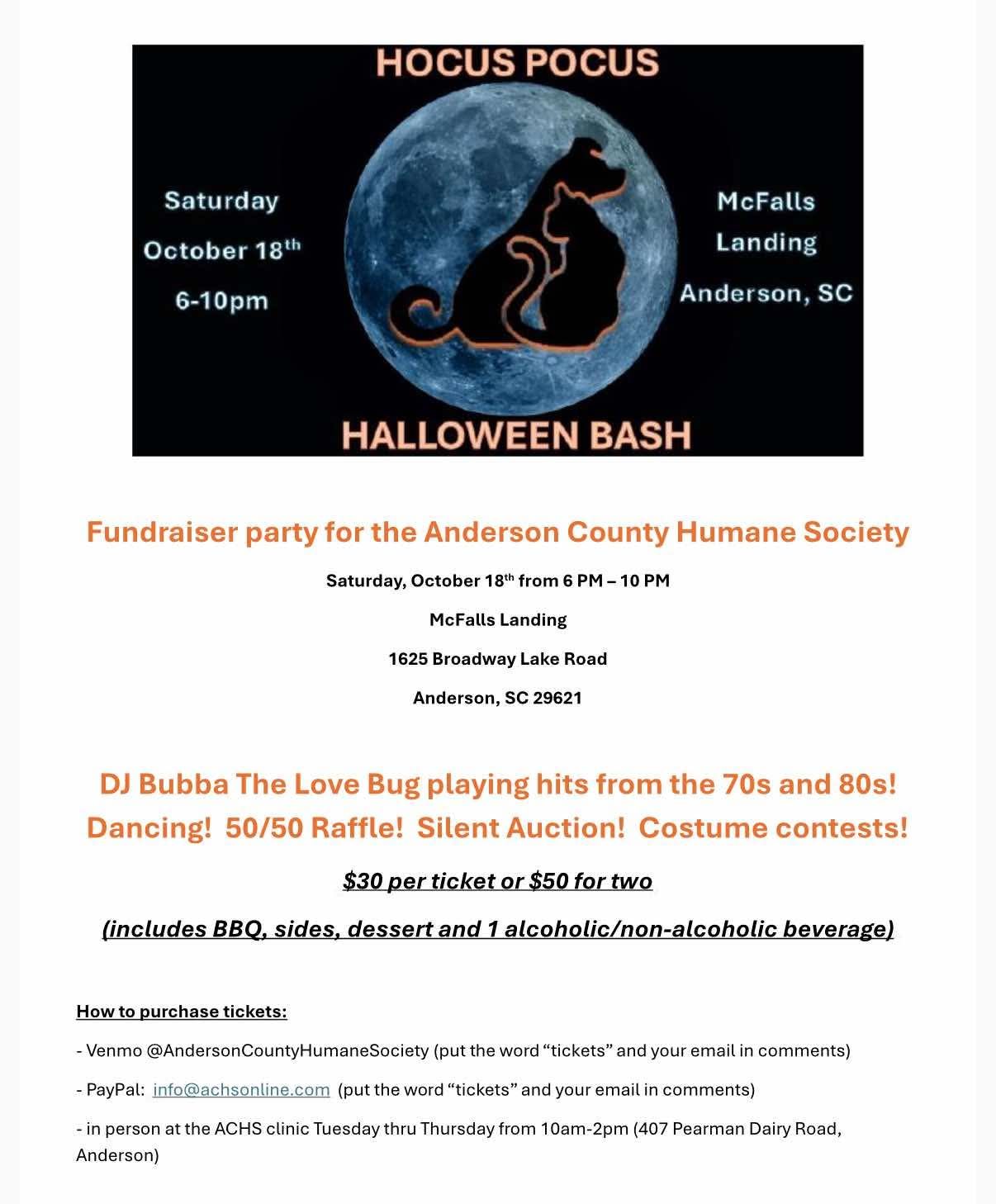 Flyer for a Halloween bash fundraiser in Anderson, SC, with a cat and dog silhouette.