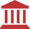 A red and white icon of a building with columns. A red and white icon of a building with columns.