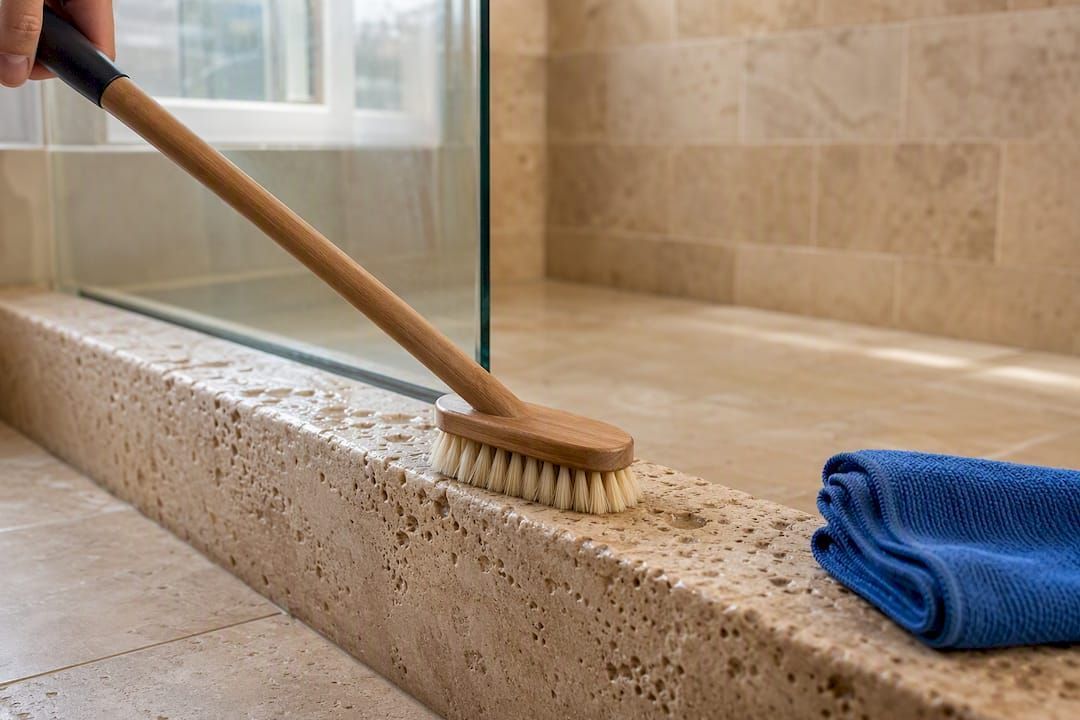 Etched patch on travertine shower