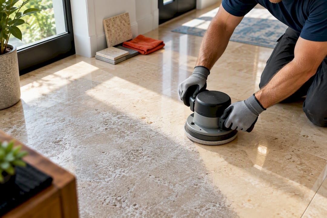 Etched travertine surface