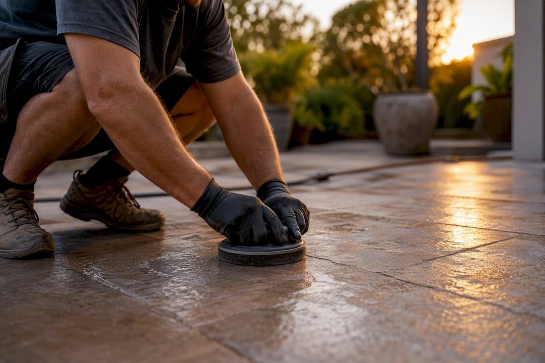 Hands cleaning natural stone tile