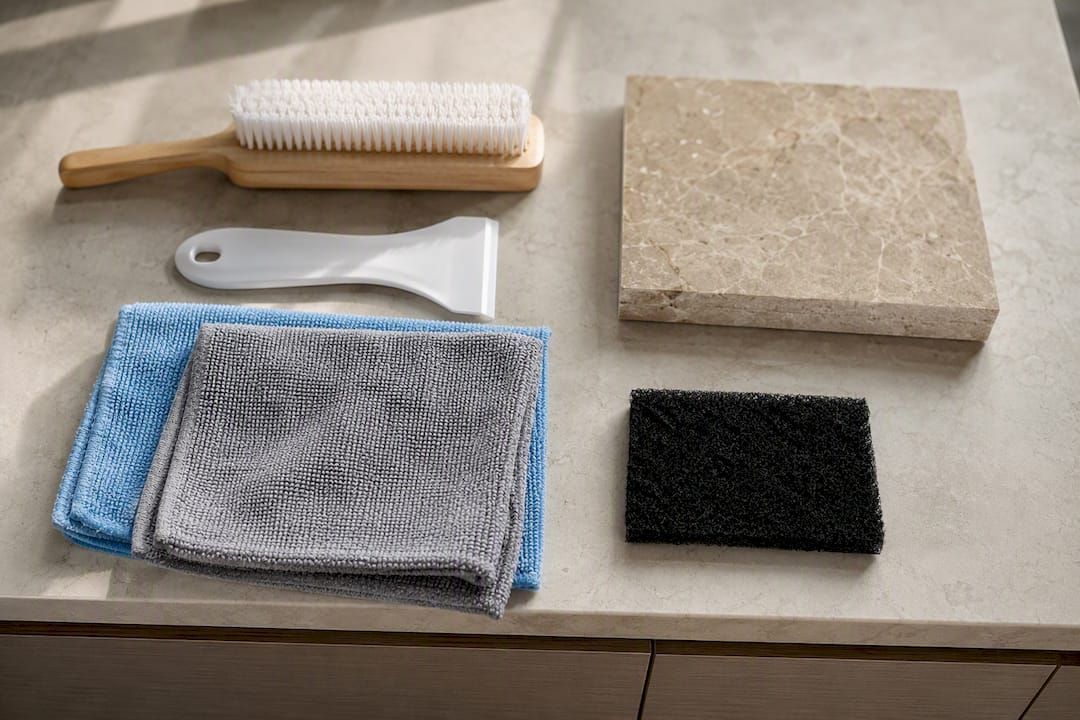 Natural stone shower with soap scum