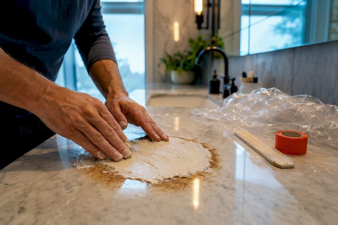 Poultice applied to rust-stained marble