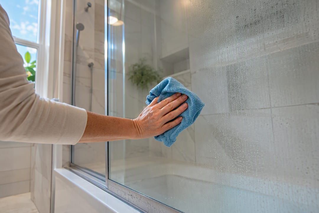 Soap scum on shower glass.