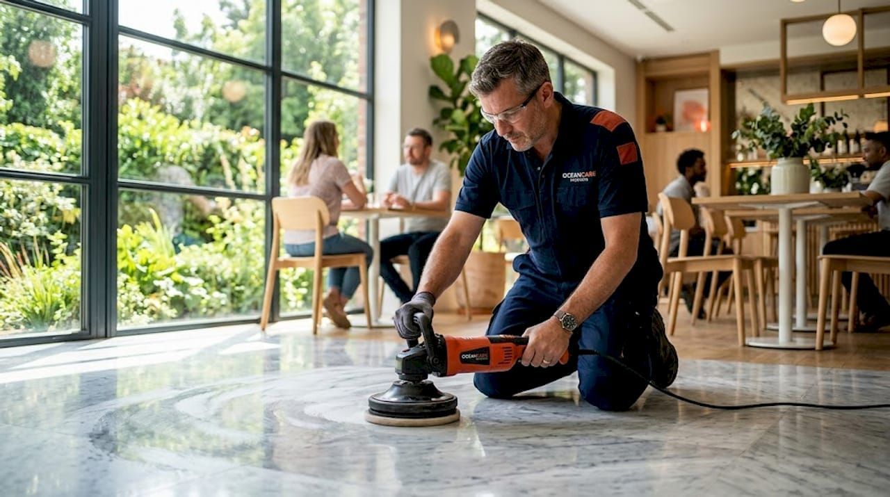 Technician polishing marble floor