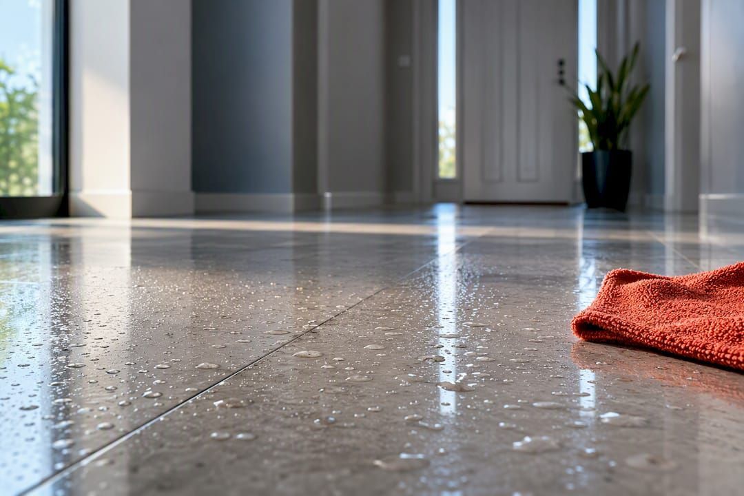 Wet tile floor with water droplets