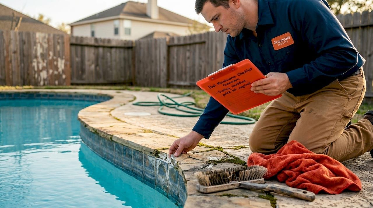 cleaning pool tiles at waterline