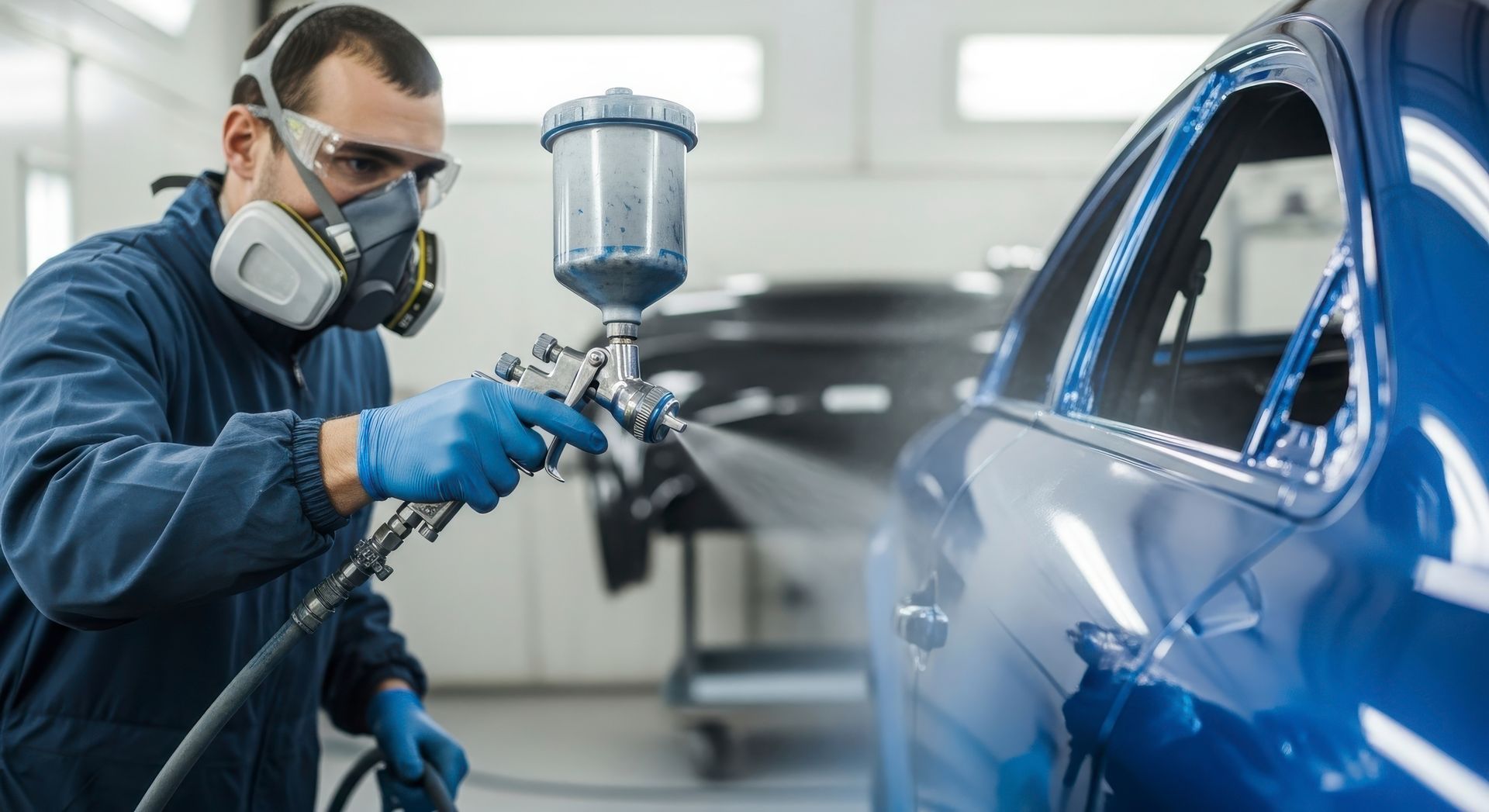 Painter spraying blue car in a garage while wearing a respirator and protective gear