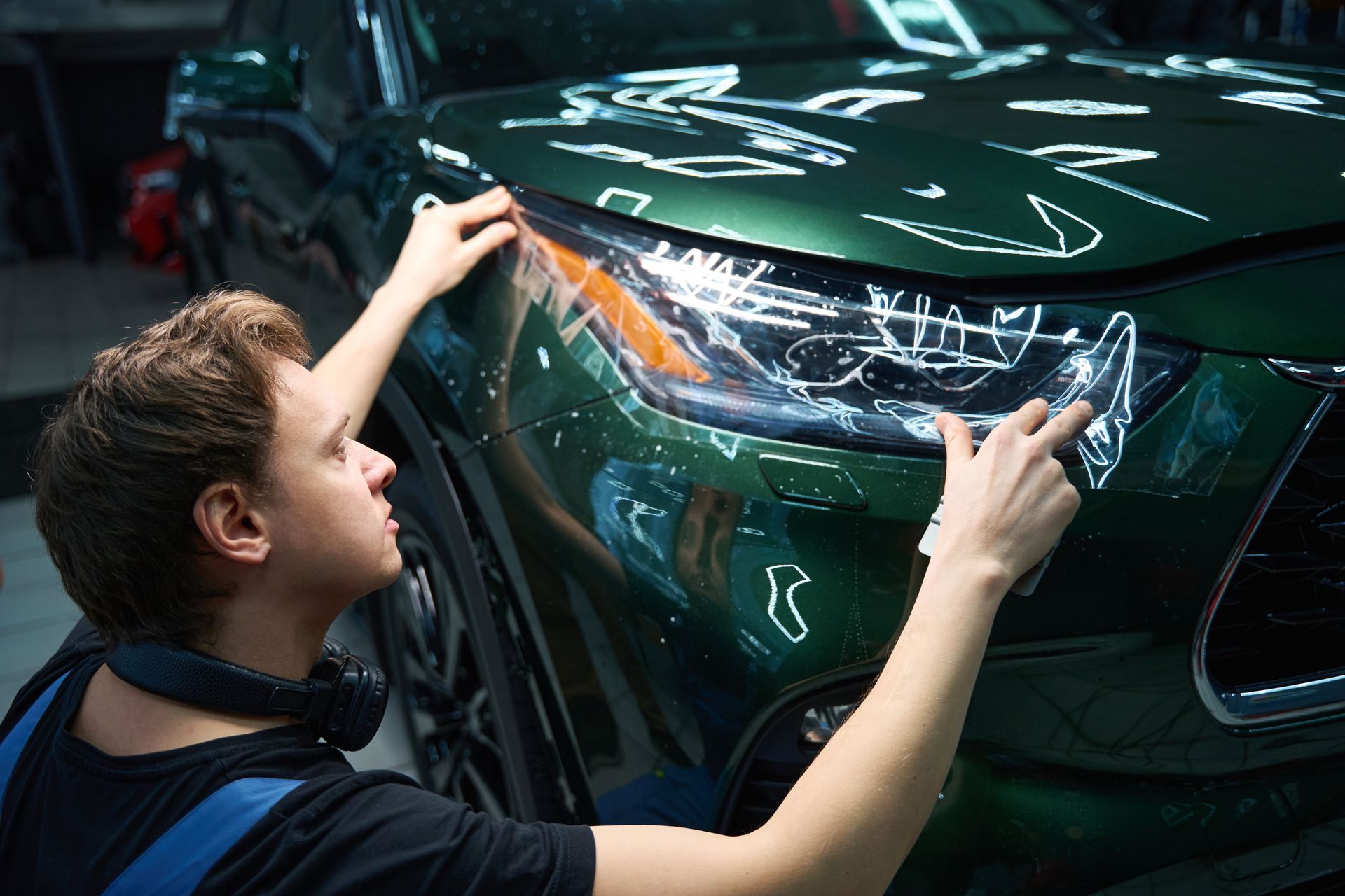 Person applying clear film to a green car hood in a garage.