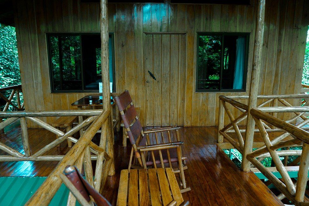 Wooden cabin porch with chairs overlooking a lush green forest.