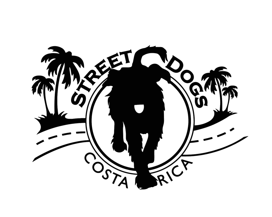 Black silhouette of a dog running on a road, encircled by text 
