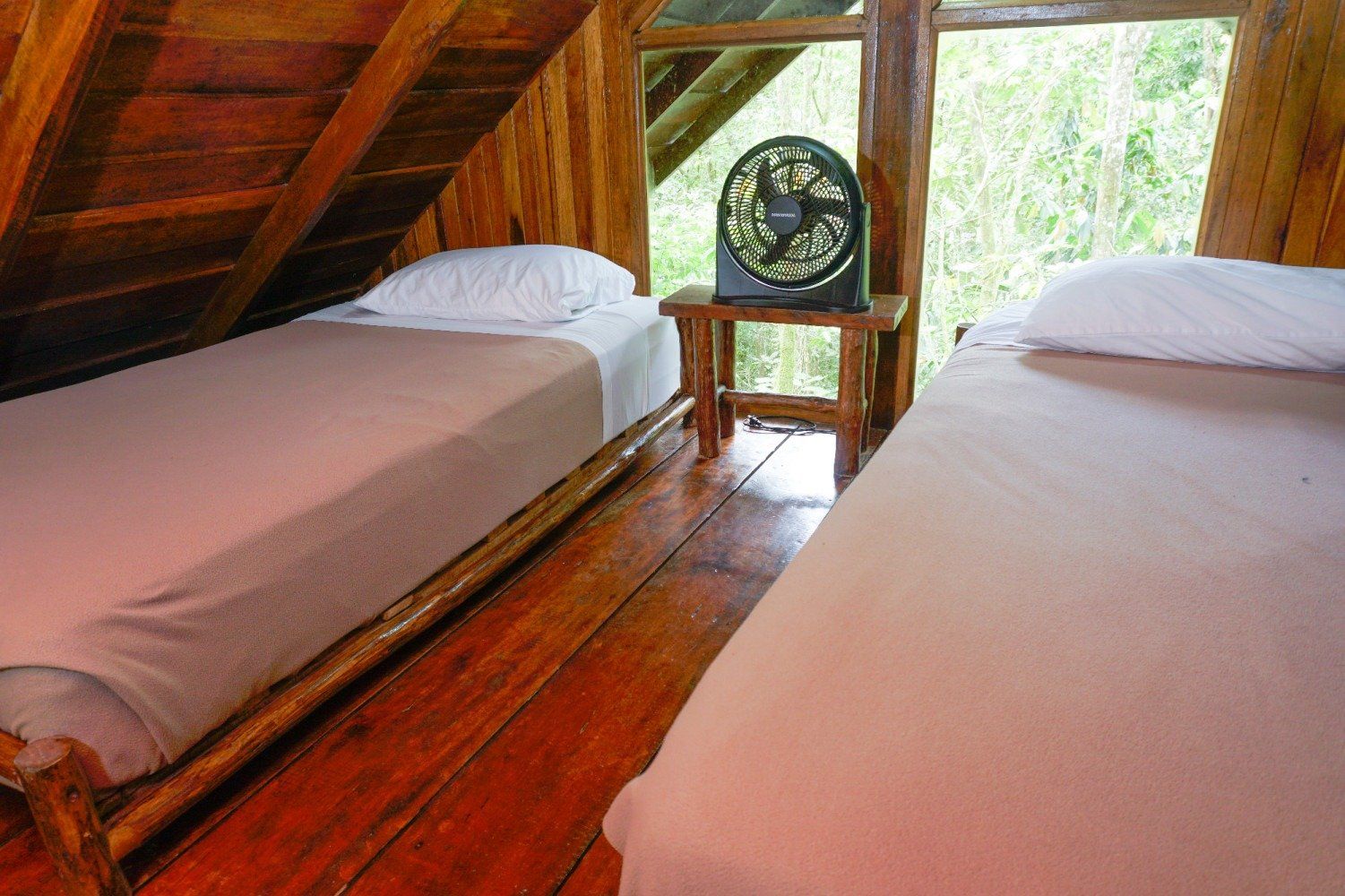 Two beds in a rustic wooden room with a fan on a small table by a window.