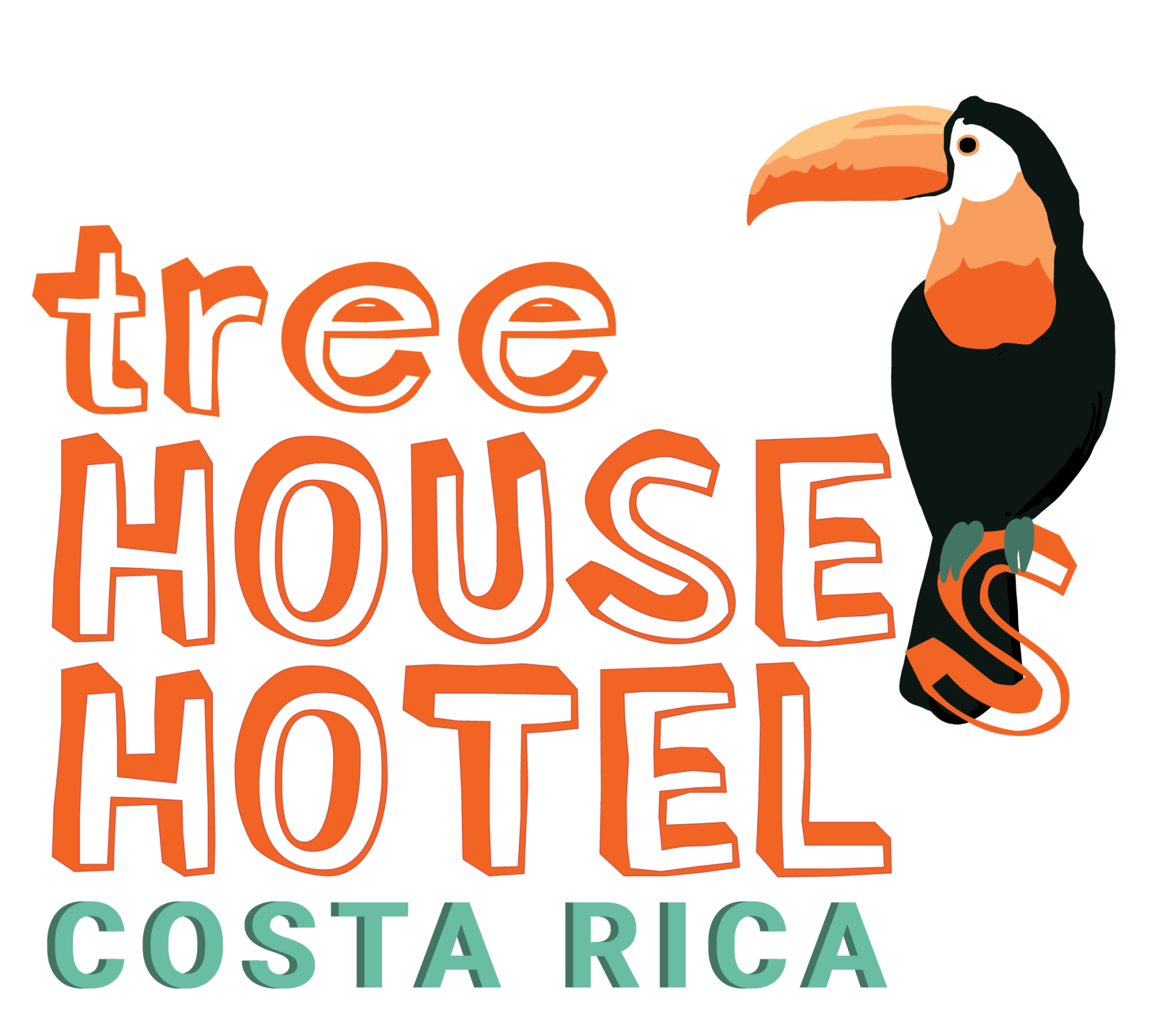 Tree House Hotel logo: Orange text and toucan on white; Costa Rica in green.