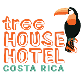 Tree House Hotel logo: Orange text and toucan on white; Costa Rica in green.