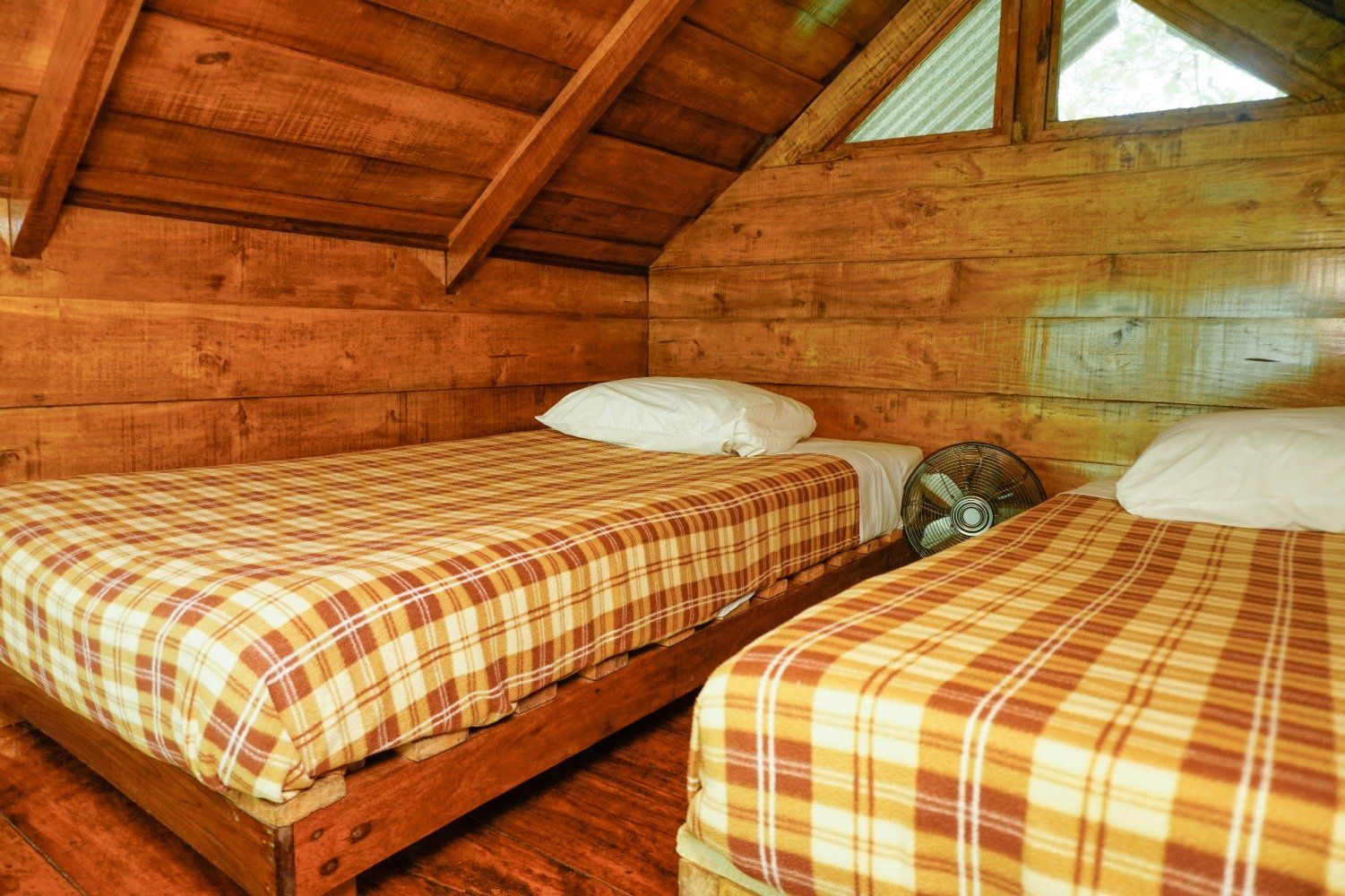 Two twin beds in a wooden cabin. Checkered orange bedding and a fan sit between the beds.