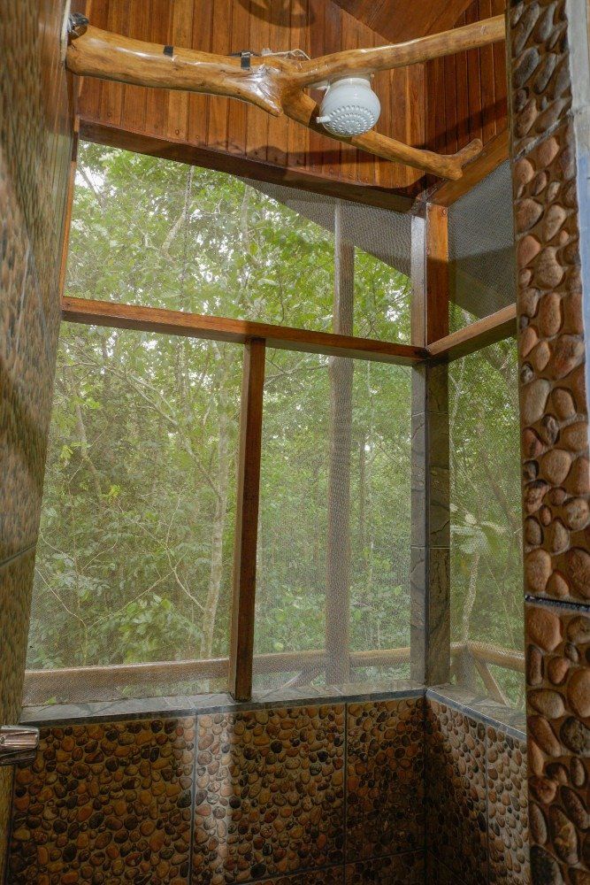 Outdoor shower with a mesh screen and view of trees. Brown tile and wooden frame.