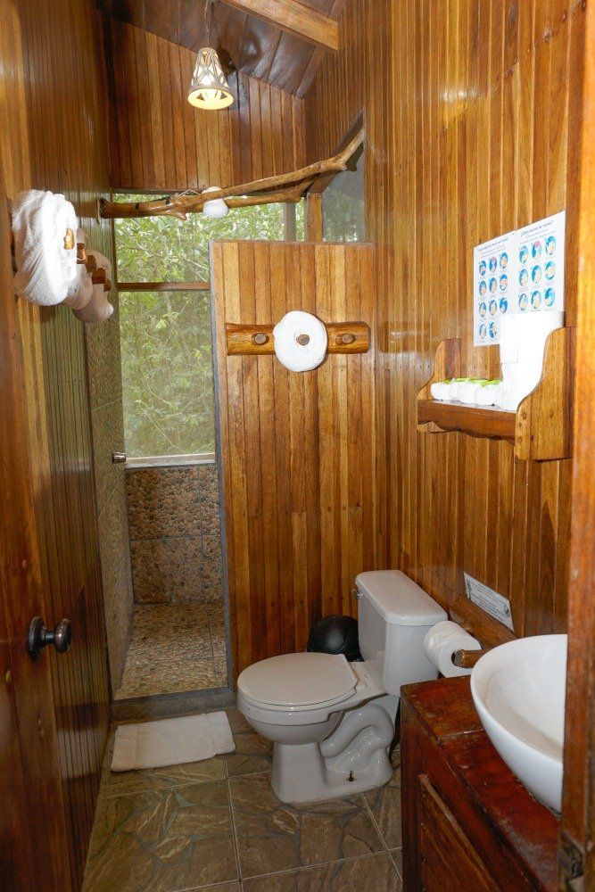 Wooden bathroom with toilet, sink, and open shower area.