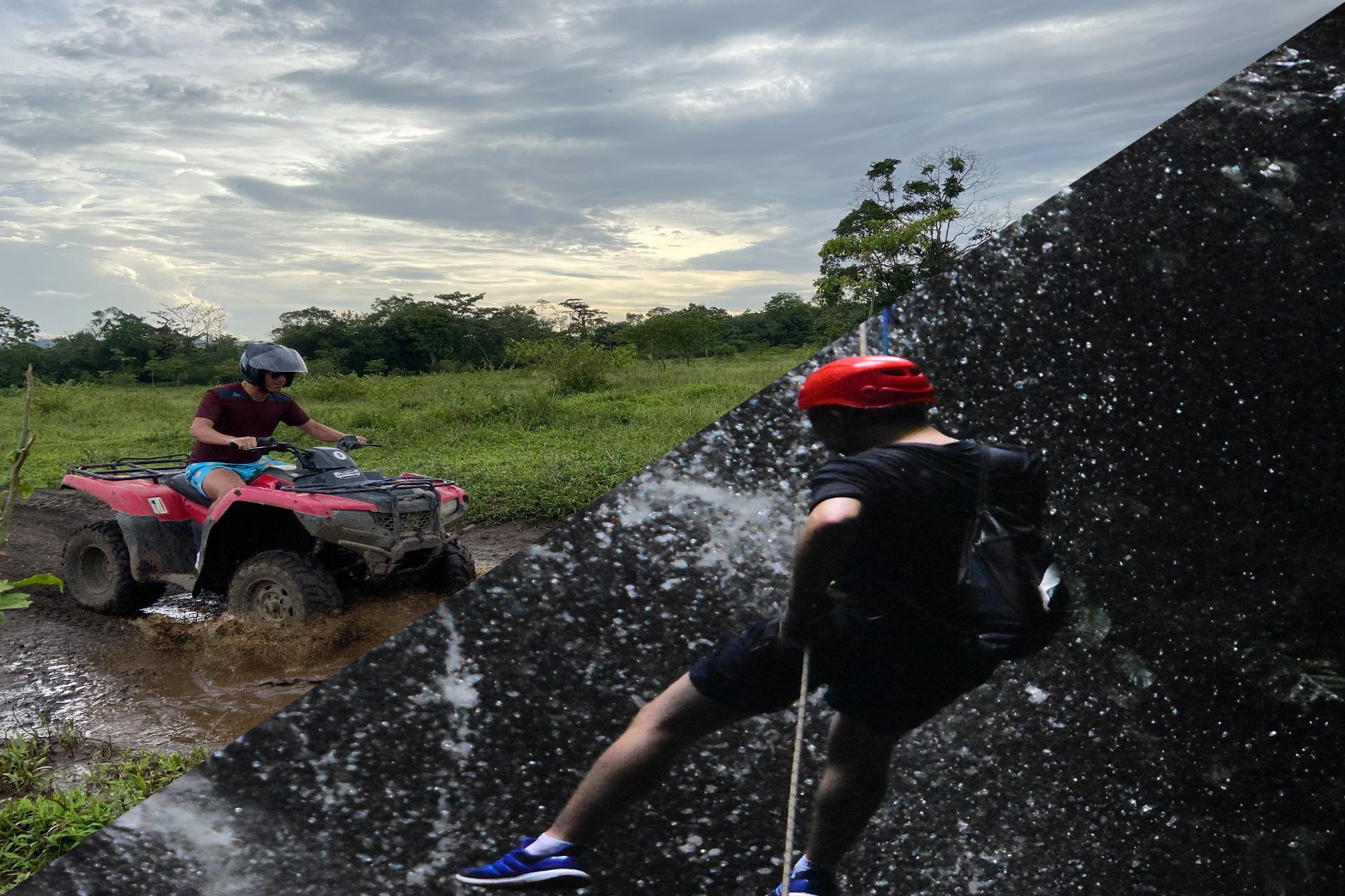 Person rappelling down a waterfall; another drives an ATV through mud in a field, under a cloudy sky.