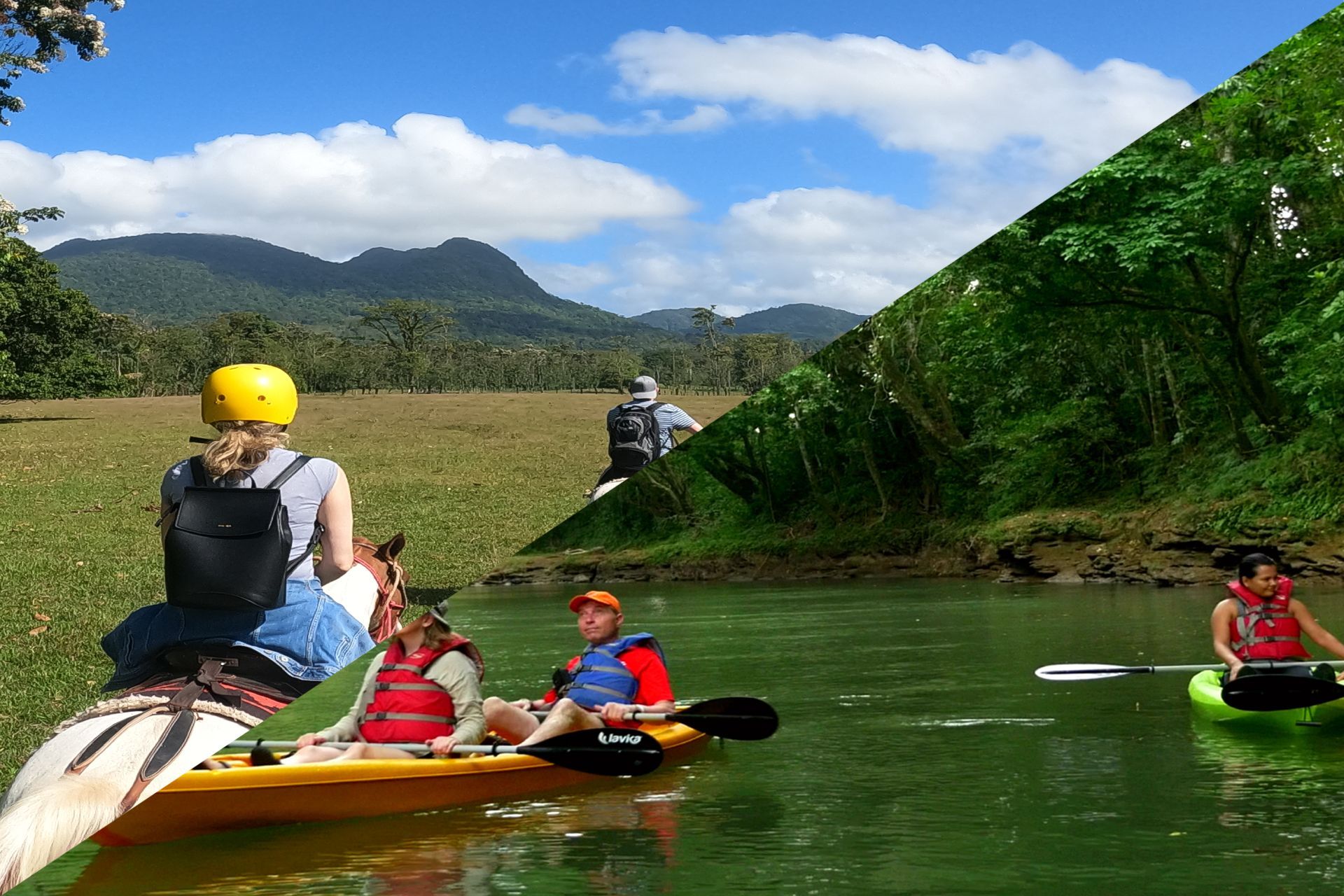 Kayakers on a green river and a person on a horse in a grassy field under a partly cloudy sky.
