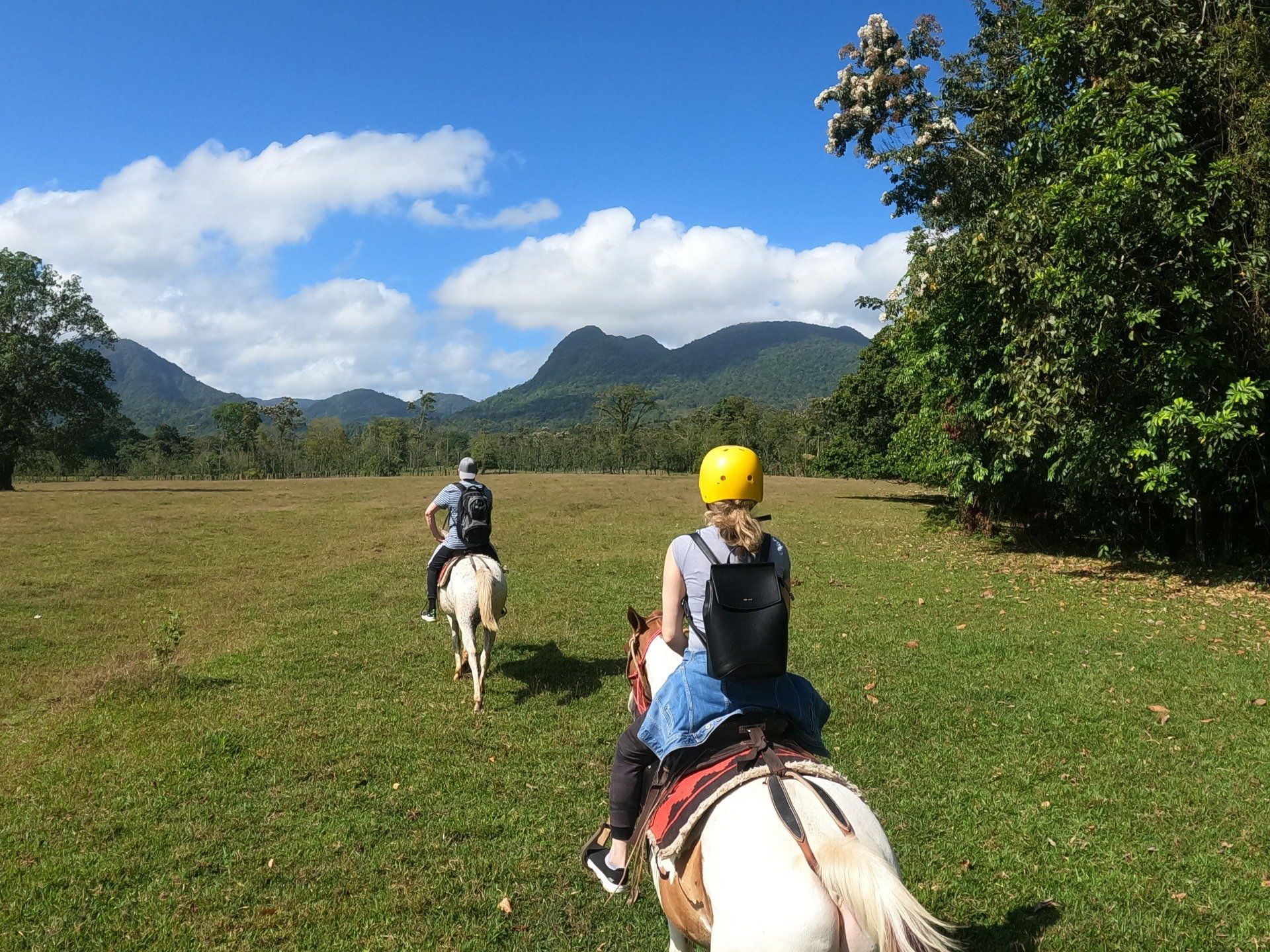 Two people horseback riding through a grassy field, mountains in the background, under a blue sky.