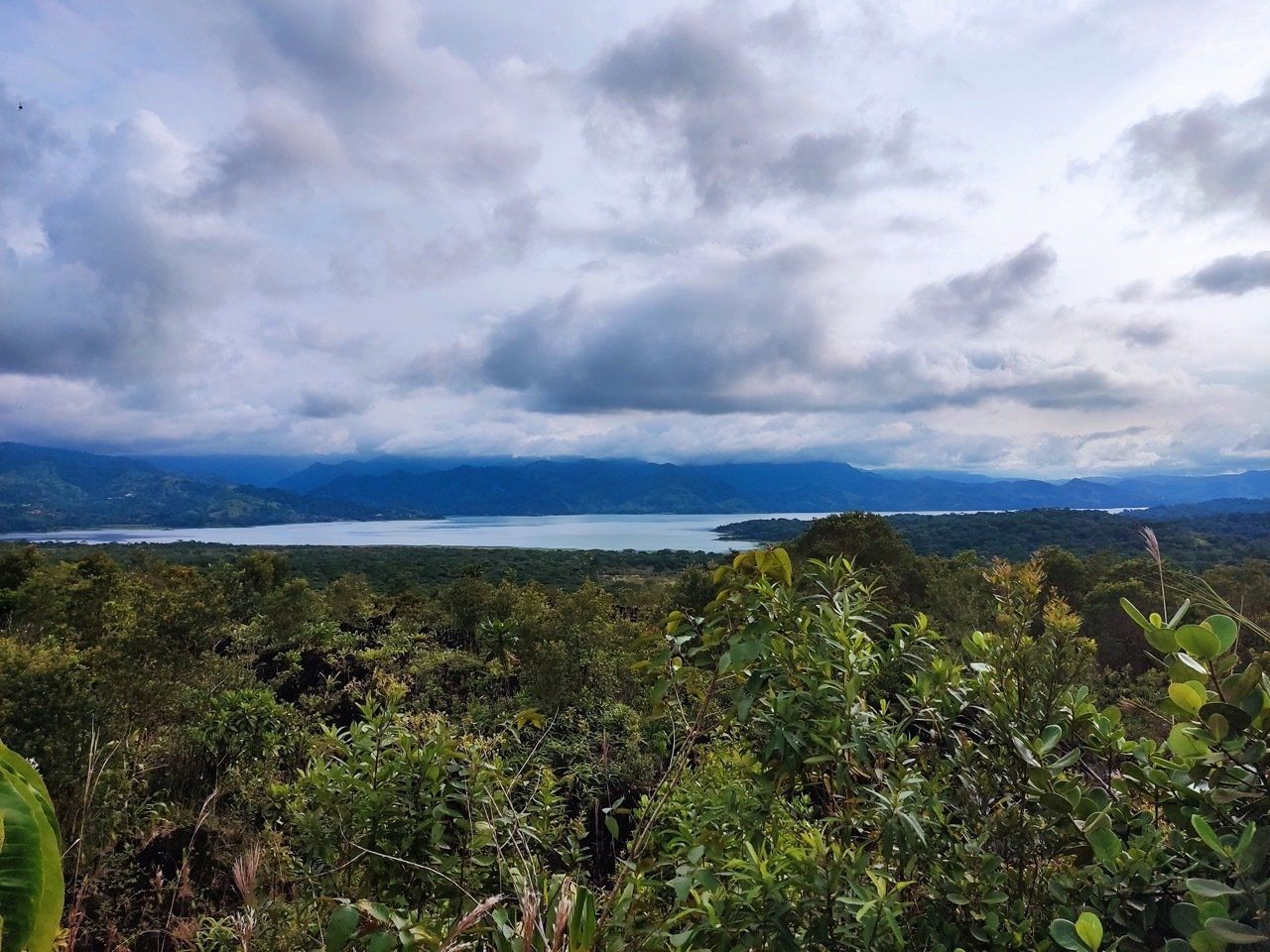Overlooking a vast lake and forest under a cloudy sky.