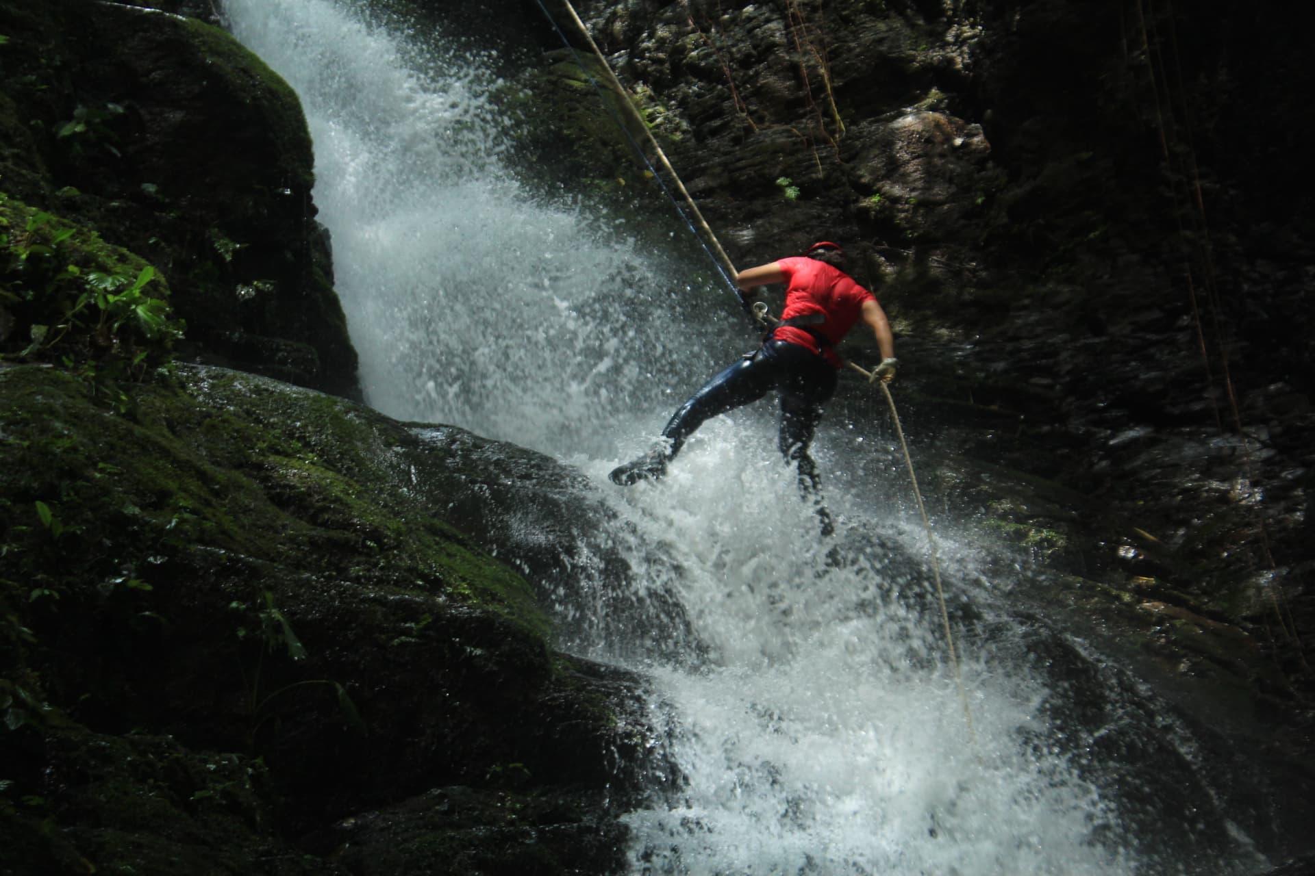 Person rappelling down a waterfall, red shirt, surrounded by splashing water, in a rocky, green environment.