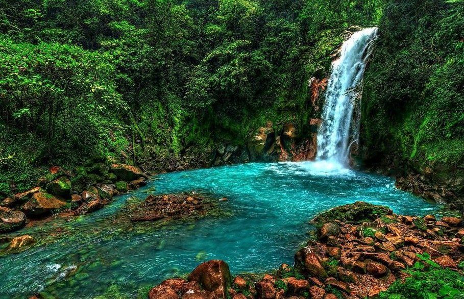 Waterfall cascading into a turquoise pool, surrounded by lush green vegetation.