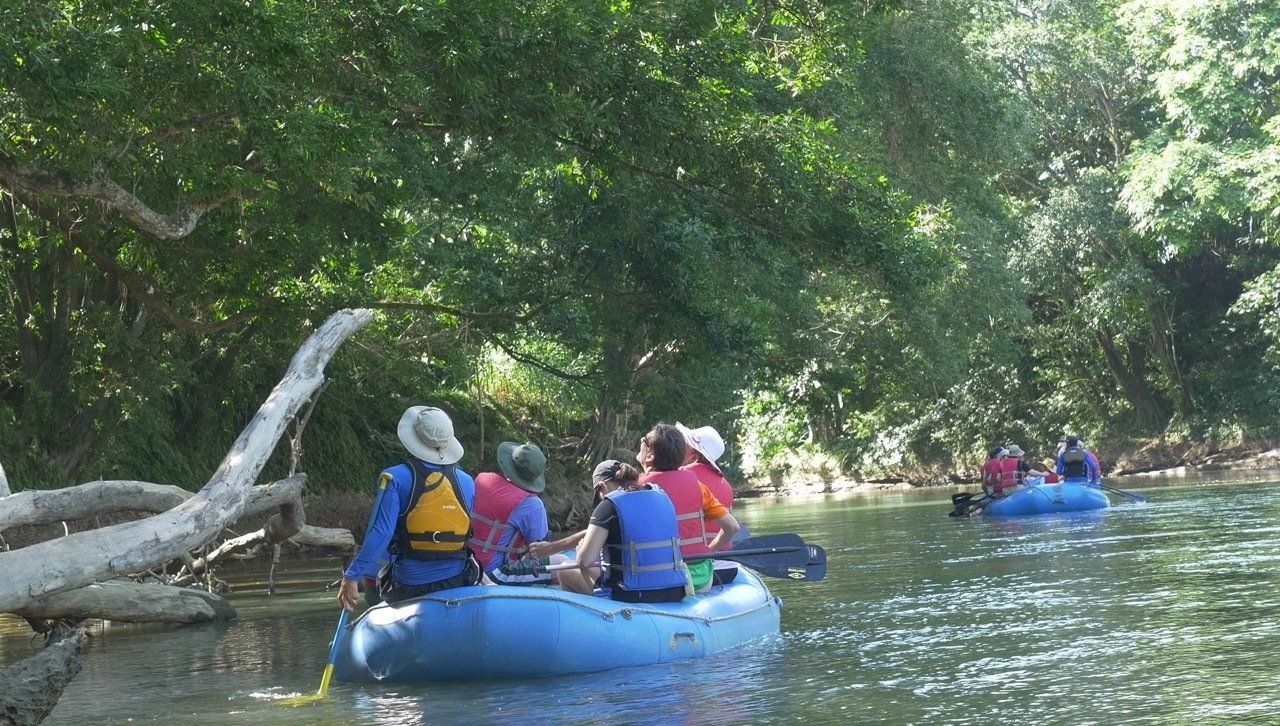 People in rafts paddling down a river, surrounded by trees.