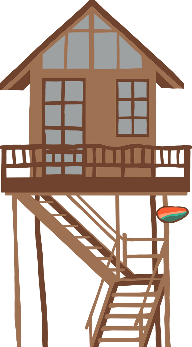 Wooden stilt house with a brown exterior and a staircase leading up to a balcony.
