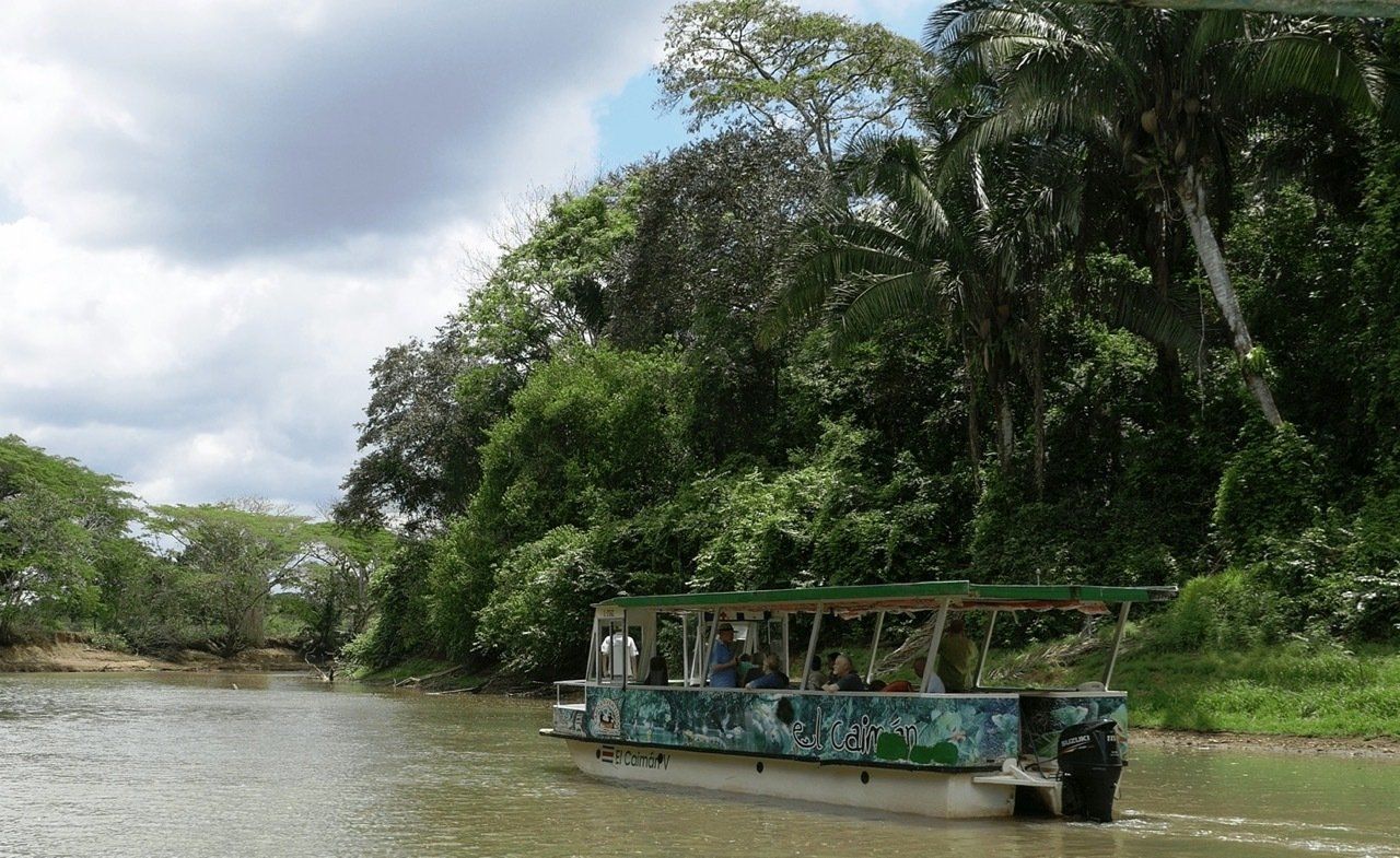 Boat on a murky river next to dense green jungle, cloudy sky overhead.