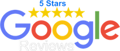 Google Reviews logo with five gold stars and blue, red, green, and yellow text