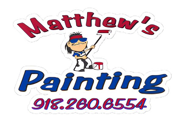 Matthew’s Painting logo with cartoon painter, paint roller, and phone number 918.260.8554
