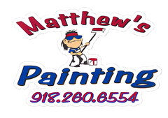 Matthew&rsquo;s Painting logo with cartoon painter, paint roller, and phone number 918.260.8554
