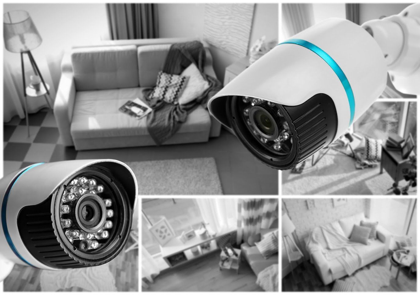 Security cameras in front of blurred images of a living room and bedroom. The cameras are white with a blue accent.