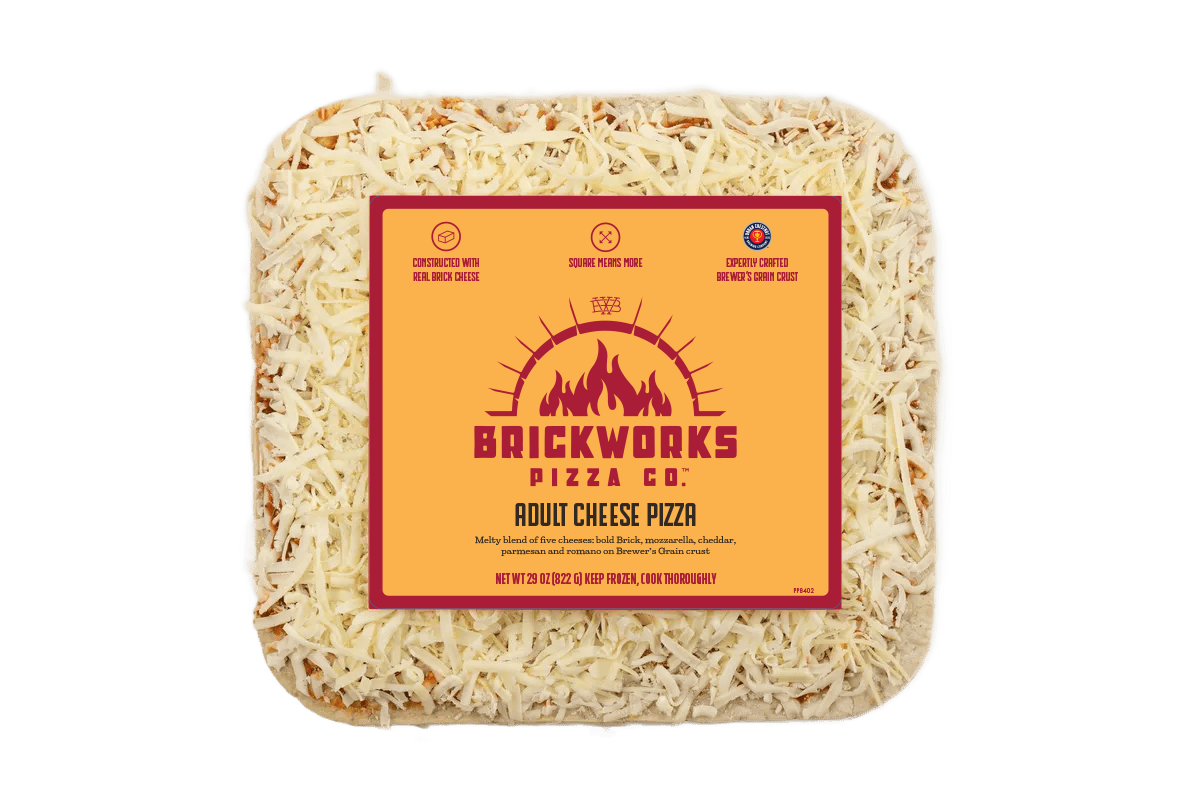 Brickworks pizza crust pizza in clear plastic packaging with orange label
