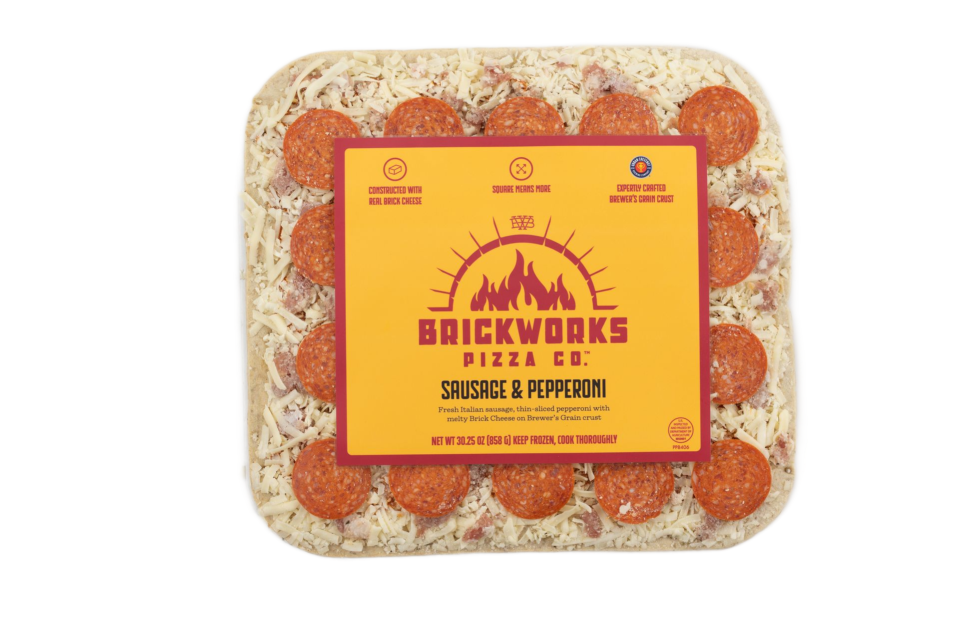 Brickworks frozen pepperoni pizza in a square package with orange label and pepperoni slices visible