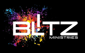 BLITZ Ministries logo with white text over colorful paint splashes on a black background