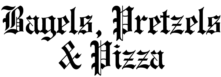 A black and white logo for bagels , pretzels and pizza