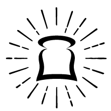 A black and white drawing of a slice of bread with rays coming out of it.