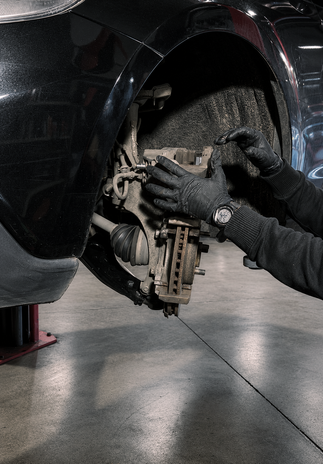 Gloved hands remove a car brake assembly inside a garage, with the wheel well exposed.