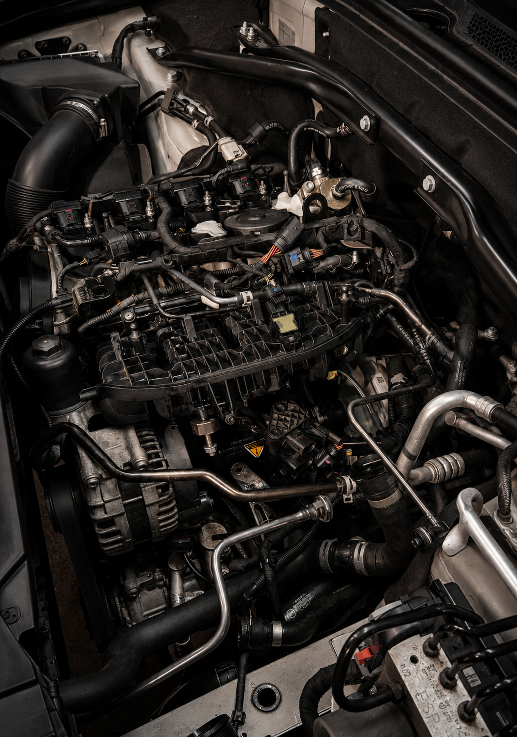 Car engine bay with exposed wiring and components, viewed from above - at Absolute Motors Morningside