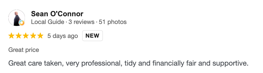 Google review card by Sean O'Connor with 5 stars and text praising great care and professionalism.