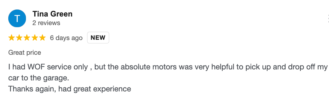 Star review for Tina Green with a short positive text comment underneath