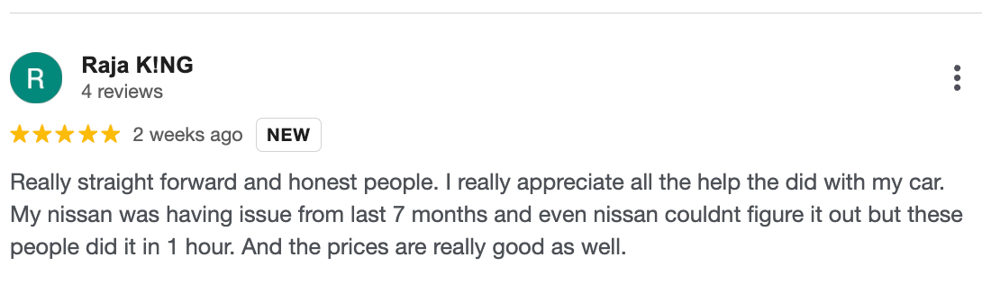 Screenshot of a positive restaurant review with 5 stars and a 